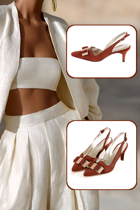 Women's terracotta orange and gold elegant slingback heels, with a bow on the front. Tapered toe. Medium slim heel - Top view